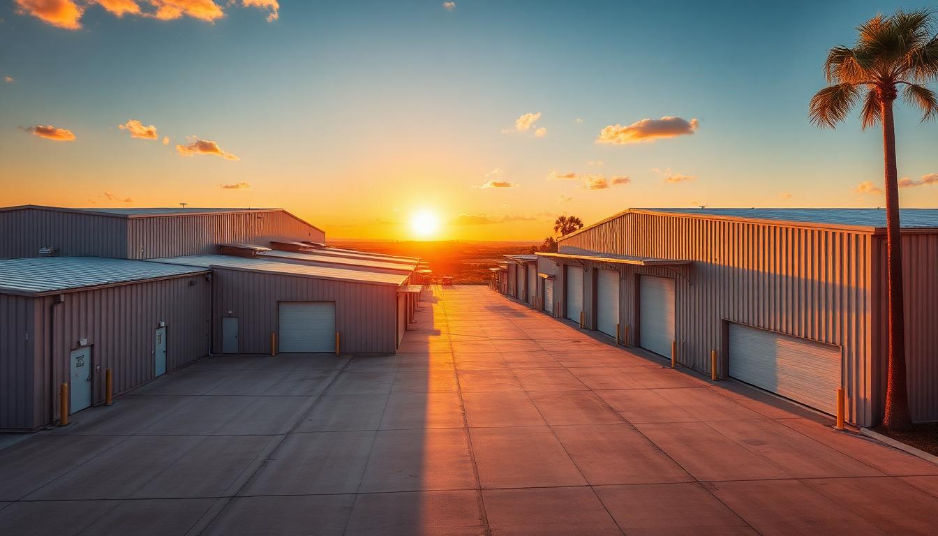 Florida metal buildings at sunset