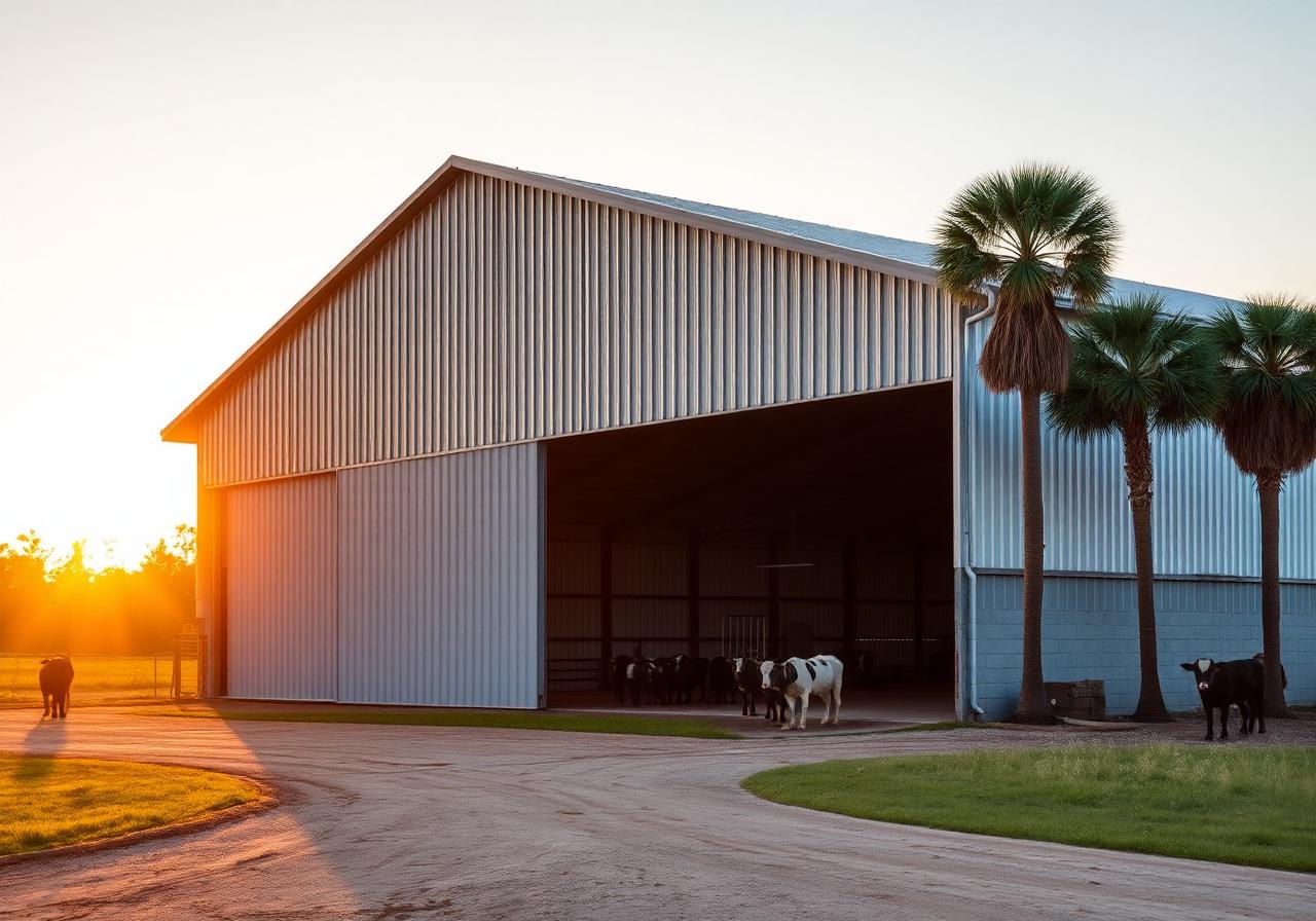 Florida ranch pole barn at sunset